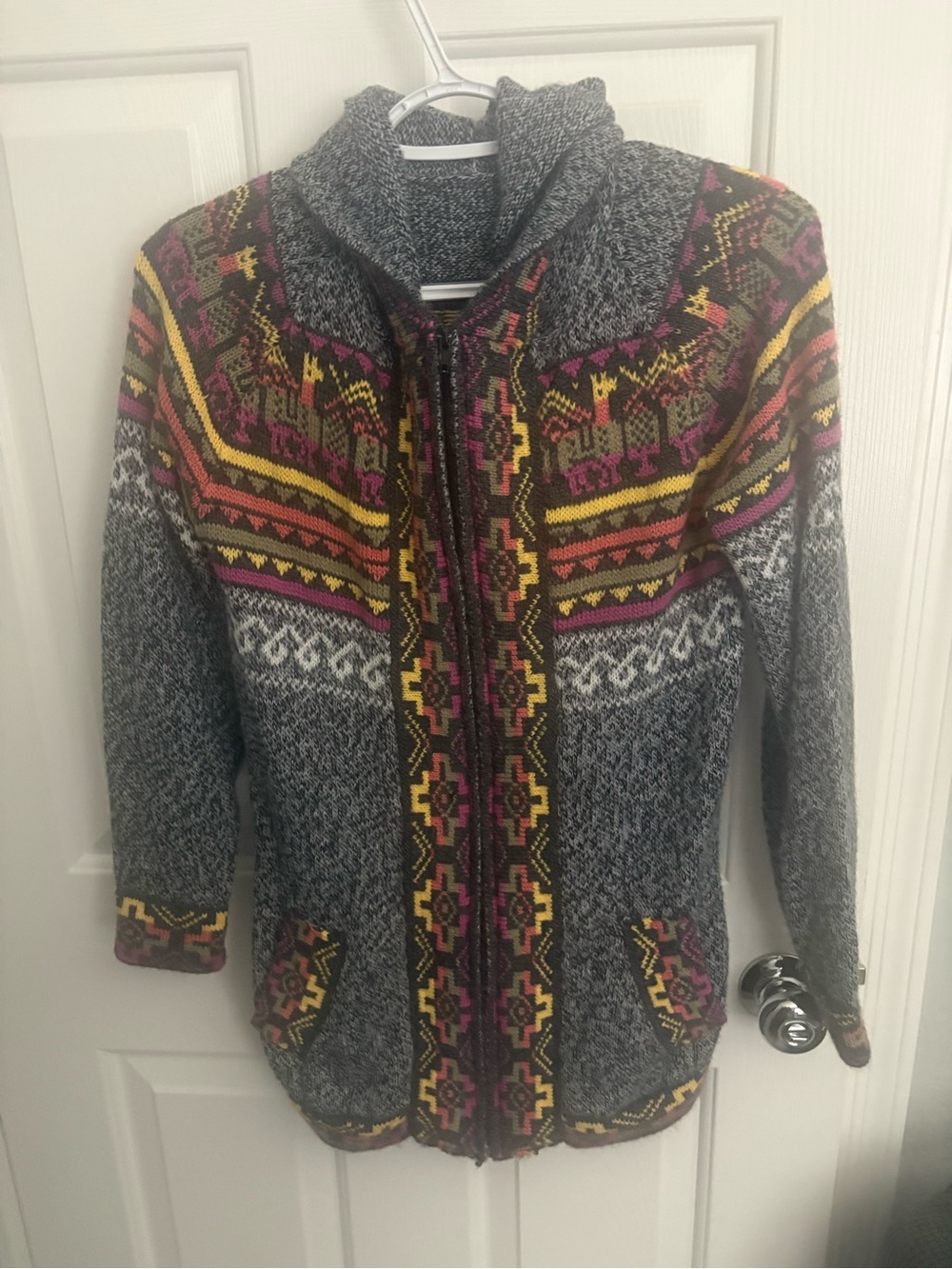 Gray Patterned Zip-Front Hooded Alpaca Sweater